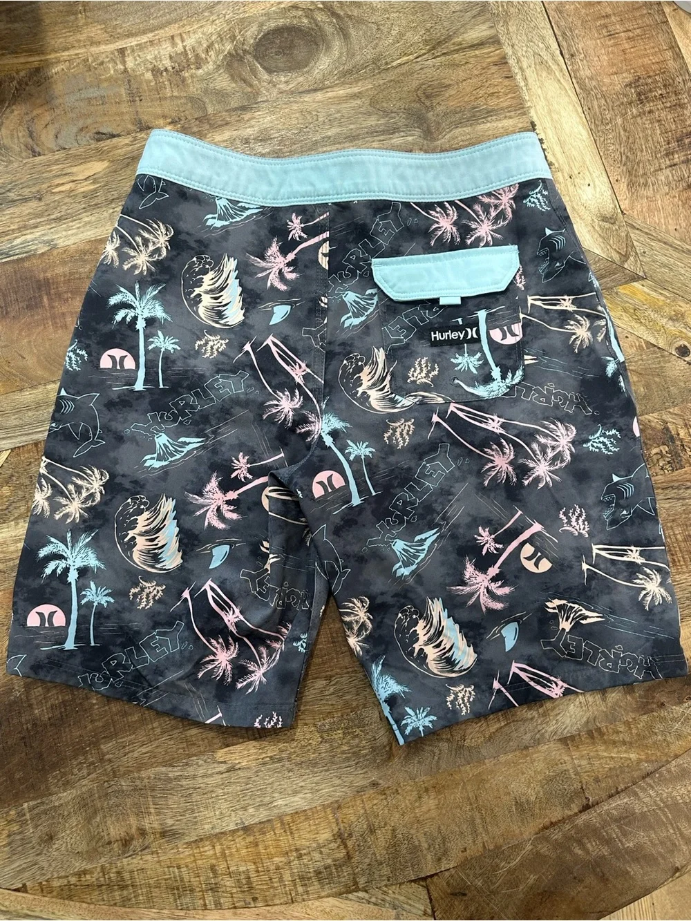 Hurley Black Swim Trunks with Blue Waistband and Pastel Tropical Print